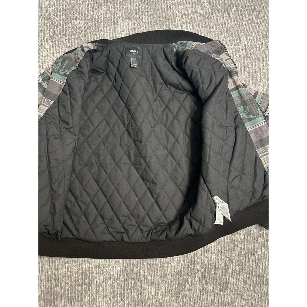 Forever 21 Men's Bomber Jacket L Quilted Distressed Striped Graphic Y2K Zip Rare